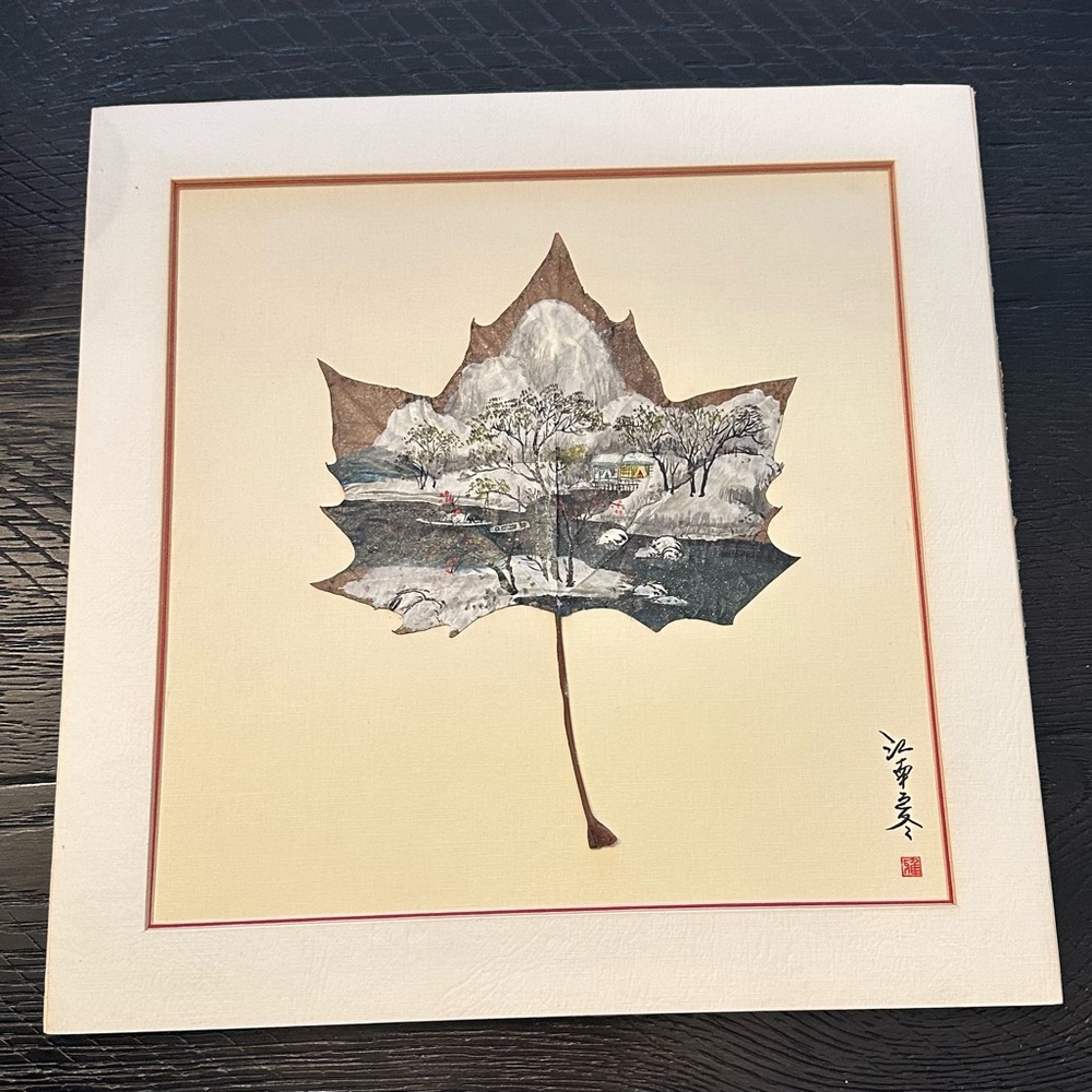 Hand Painted Leaf Realism Landscape Mountains Trees River Nature Art Signed